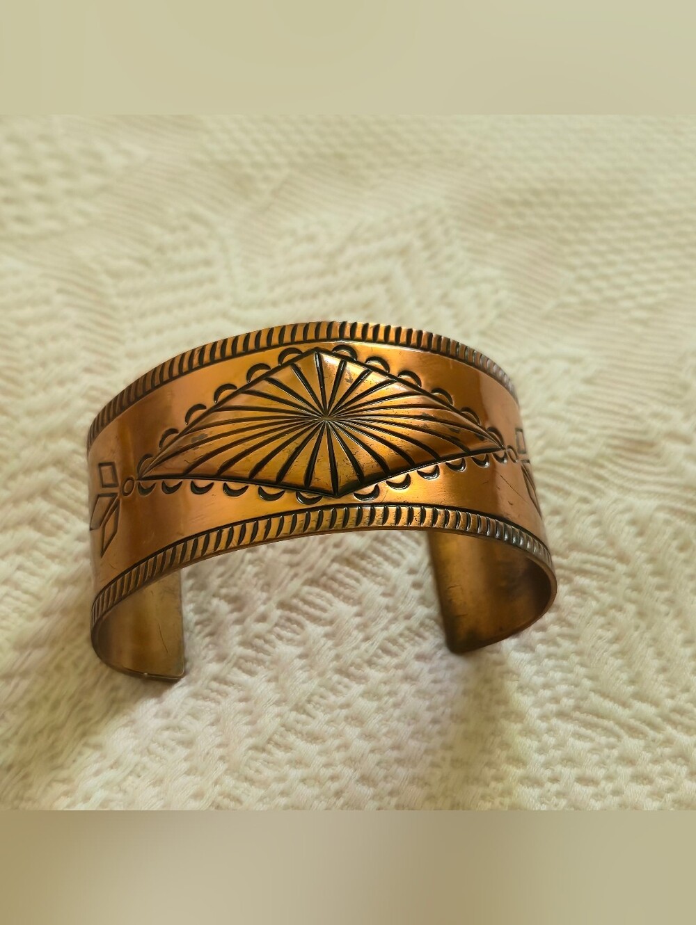 Vintage Stamped Copper Wide Cuff Western Style Bracelet
